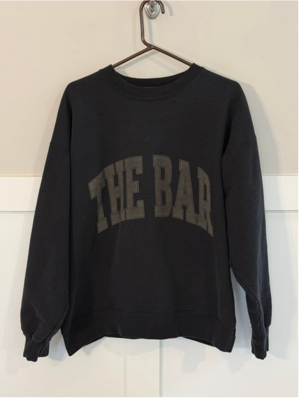 THE BAR Womens L Oversized Sweatshirt Washed Black Collegiate Graphic Crewneck